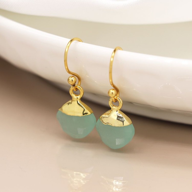 14K Gold Plated Aqua Glass Drop Earrings