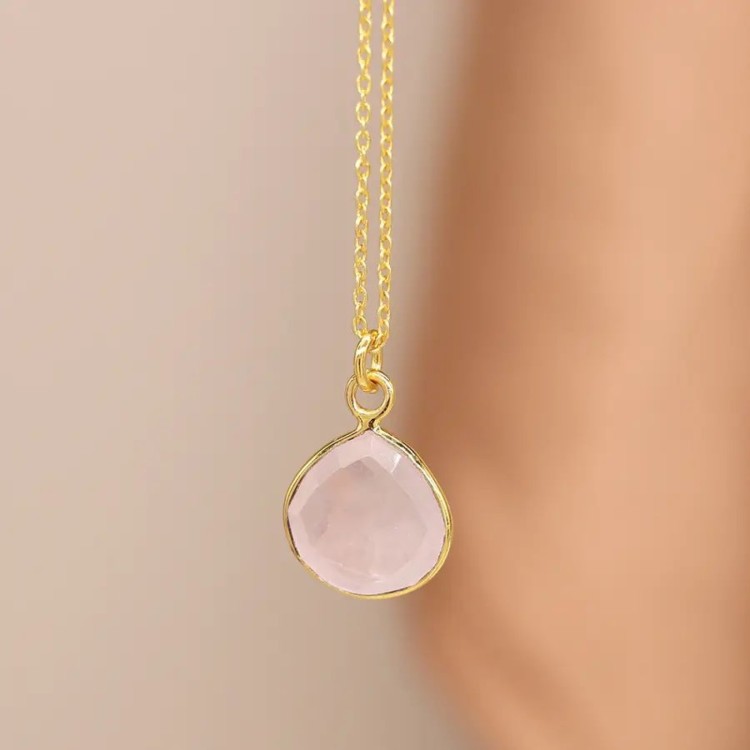 14k gold plated rose quartz teardrop necklace