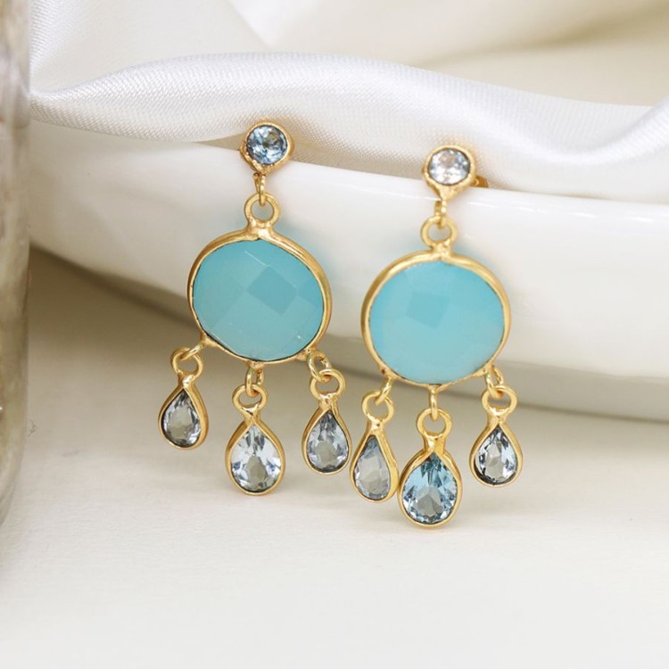 Gold plated chalcedony and blue topaz drop earrings