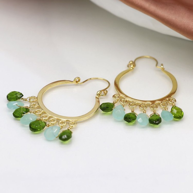 Gold plated hoop earrings with chalcedony and peridot drops