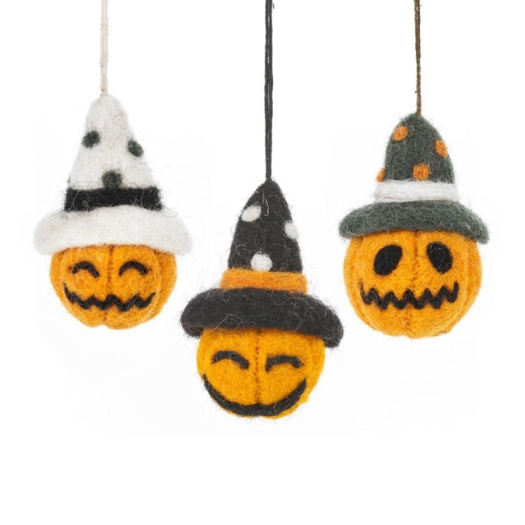 Handmade Felt Pumpkin Bauble Trio Hanging Halloween Decorations