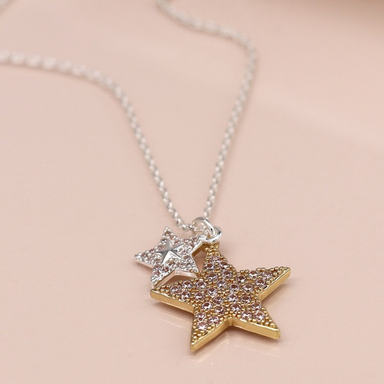 Peace Of Mind Faux gold and silver plated double crystal inset star necklace