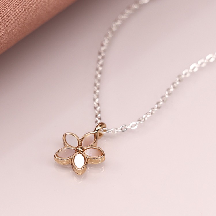 Peace Of Mind Golden shell inset flower pendant on silver plated chain