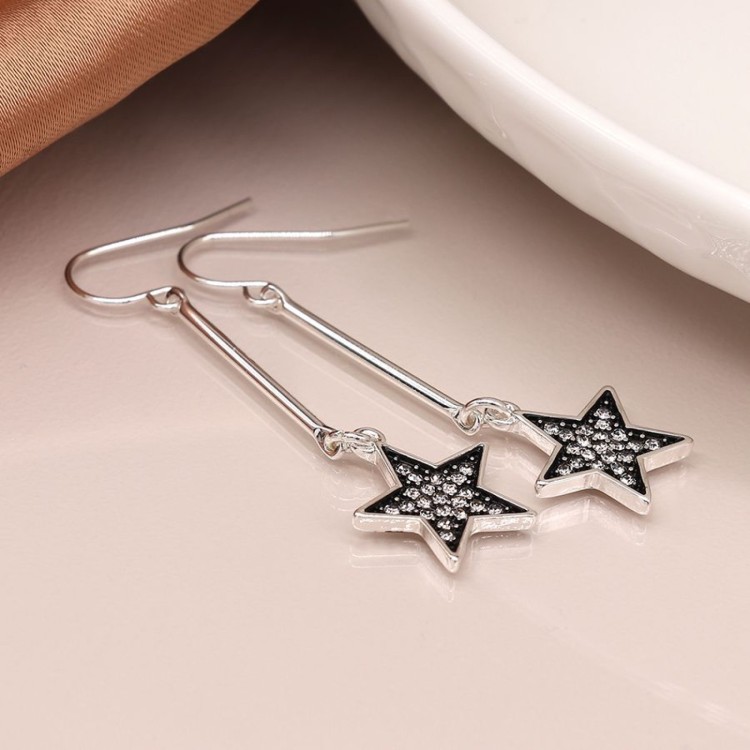 Pom Silver plated bar and sparkle star drop earrings