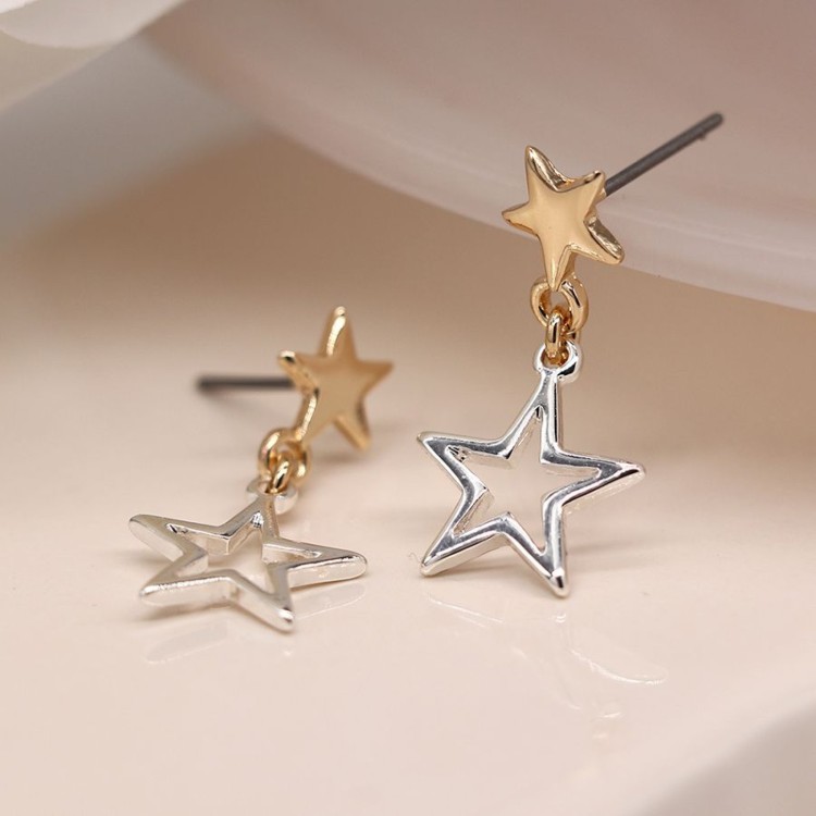 Silver and faux gold plated double star stud earrings