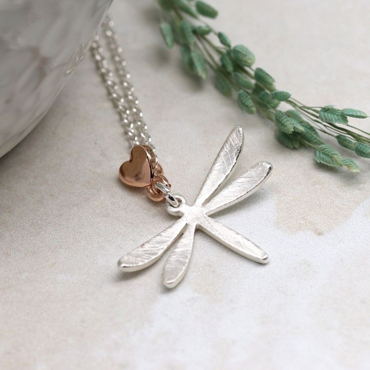 Silver plated dragonfly necklace with heart