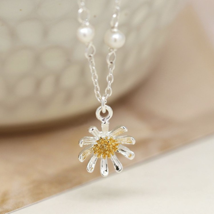 Sterling silver and gold daisy necklace with freshwater pearls