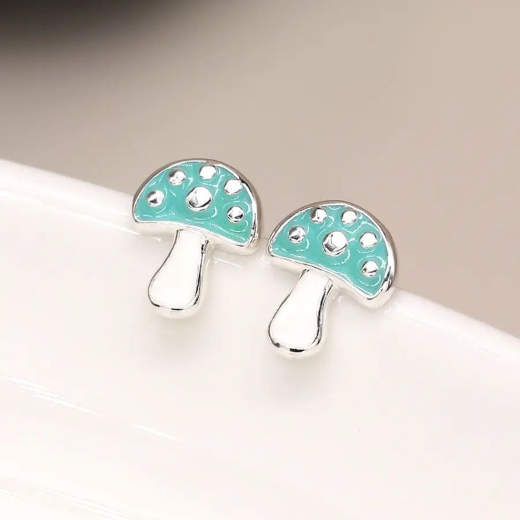 Sterling silver aqua enamel mushroom stud earrings 