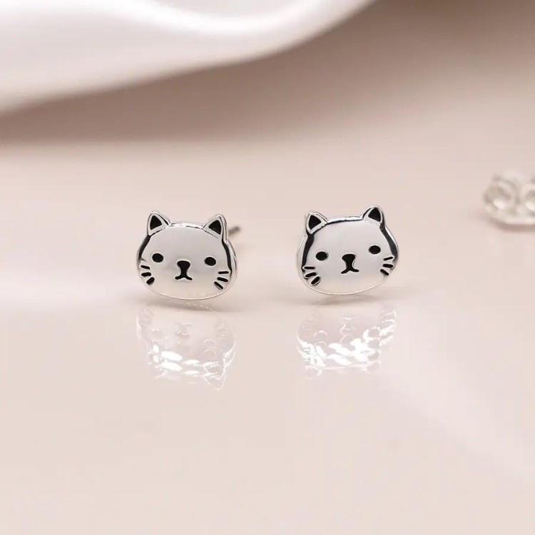 Sterling silver cat face stud earrings