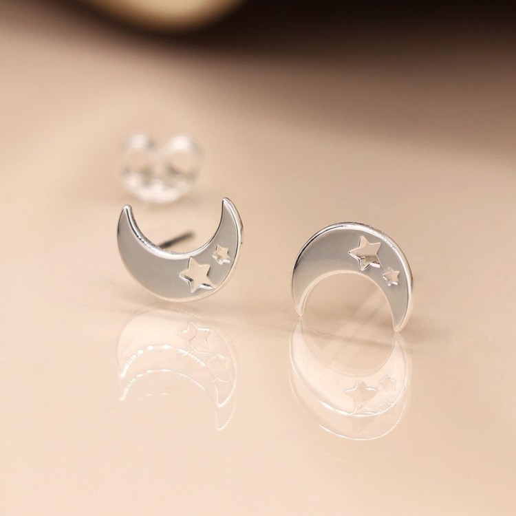 Sterling silver moon stud earrings with star cut-outs