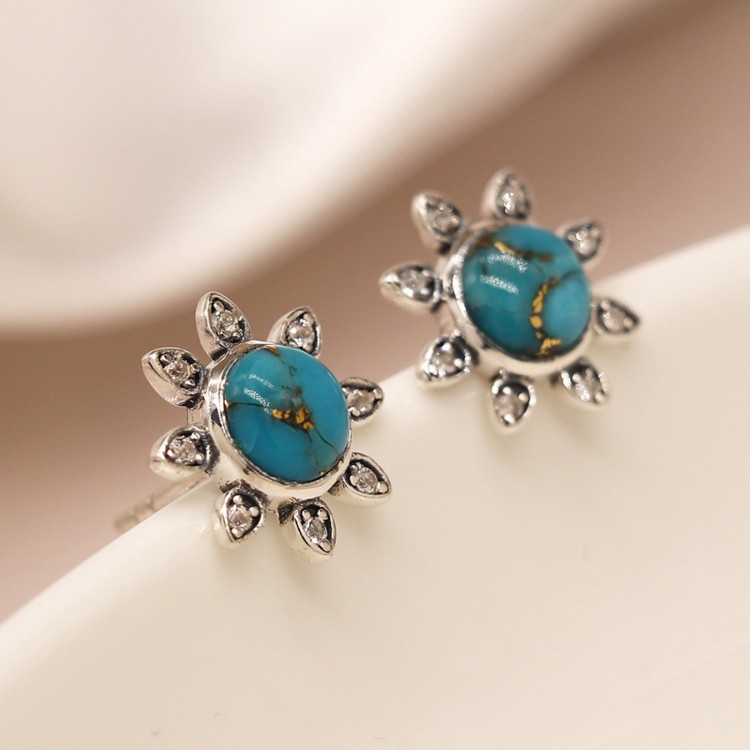 Sterling silver turquoise and white topaz flower earrings