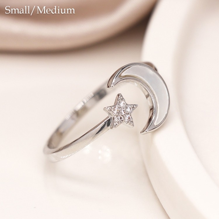 White gold moon and star ring