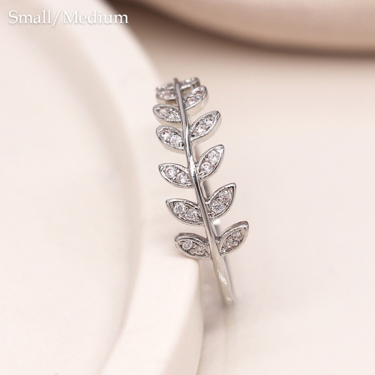 White gold plated crystal set leaf ring